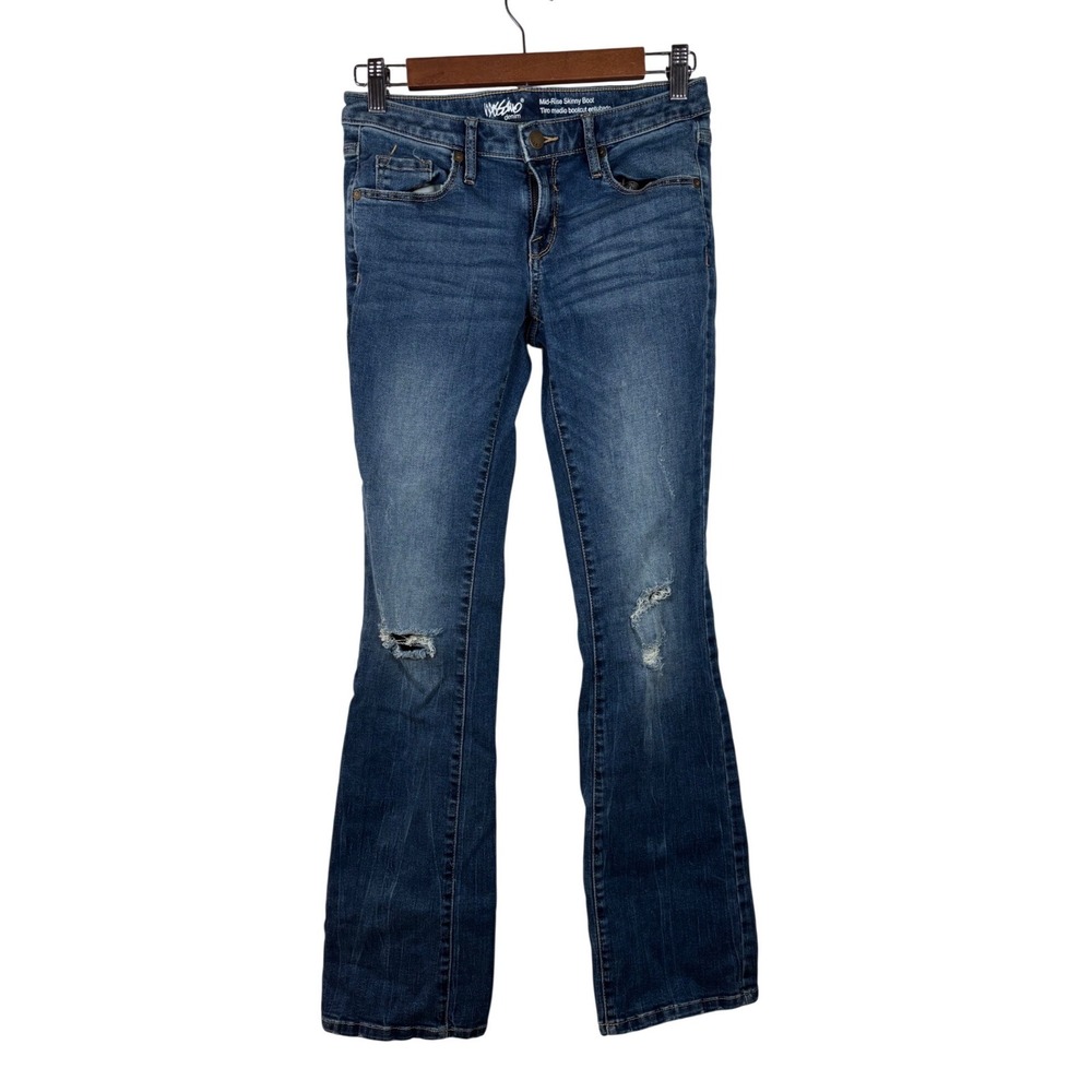 Mossimo Skinny Boot Jeans Women Size 2 Blue Mid Rise Distressed Ripped Knee Y2K‎